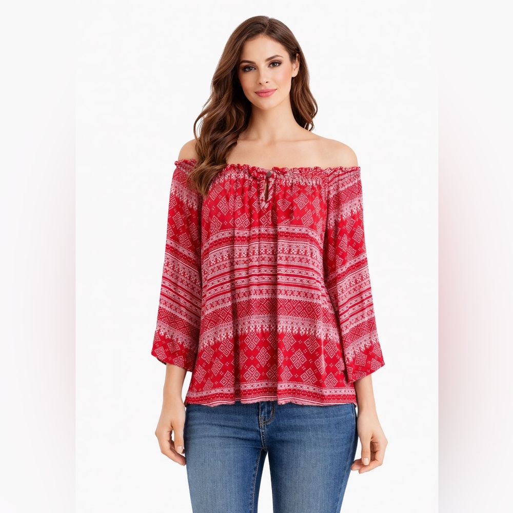 Rebecca Malone Red and White  3/4 Sleeve Blouse with Pleated Neckline